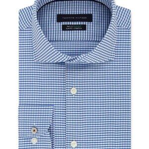 Tommy Hilfiger Men's Slim Stretch Check Dress Shirt Blue Size M 15, 32/33